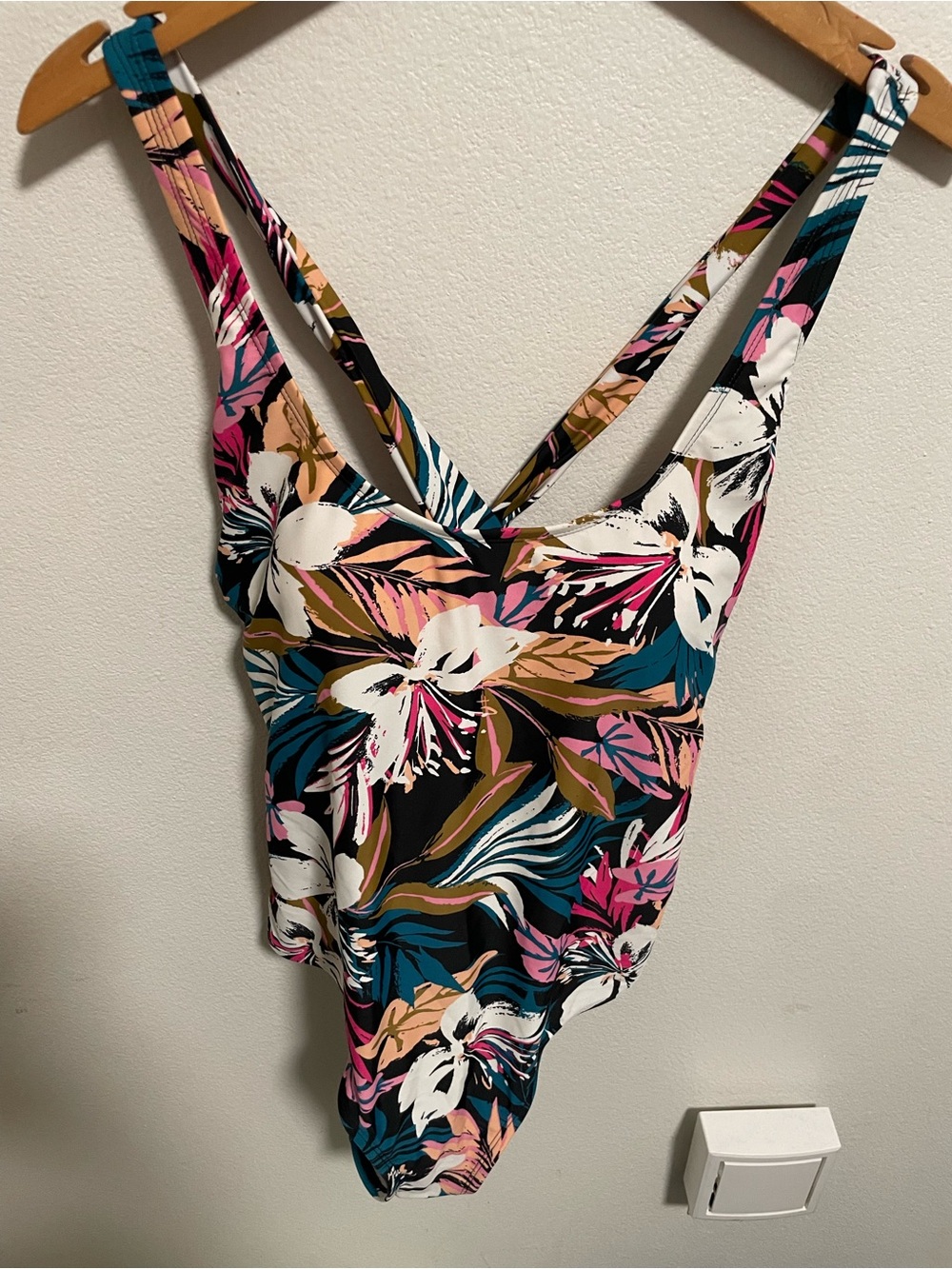 Kona Sol Black Floral One Piece Swimsuit W/ Pink Teal White & Tan Accents Large